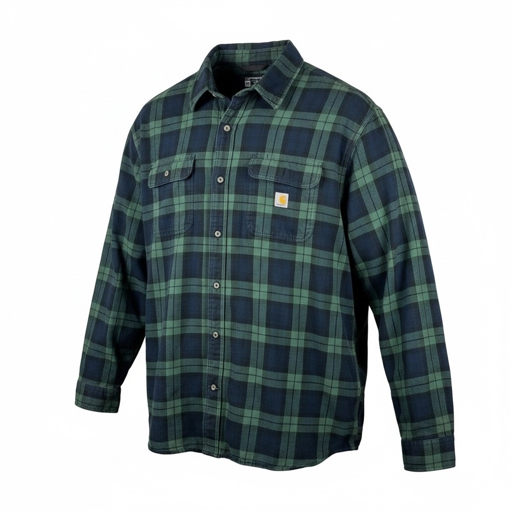 Carhartt Mens 2XL Loose Fit Plaid Flannel Shirt Green Navy Blue Button Down